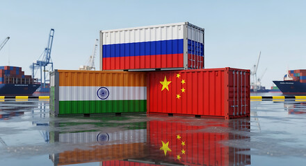 Fototapeta premium International Trade Shipping Containers with Russia India China Flags