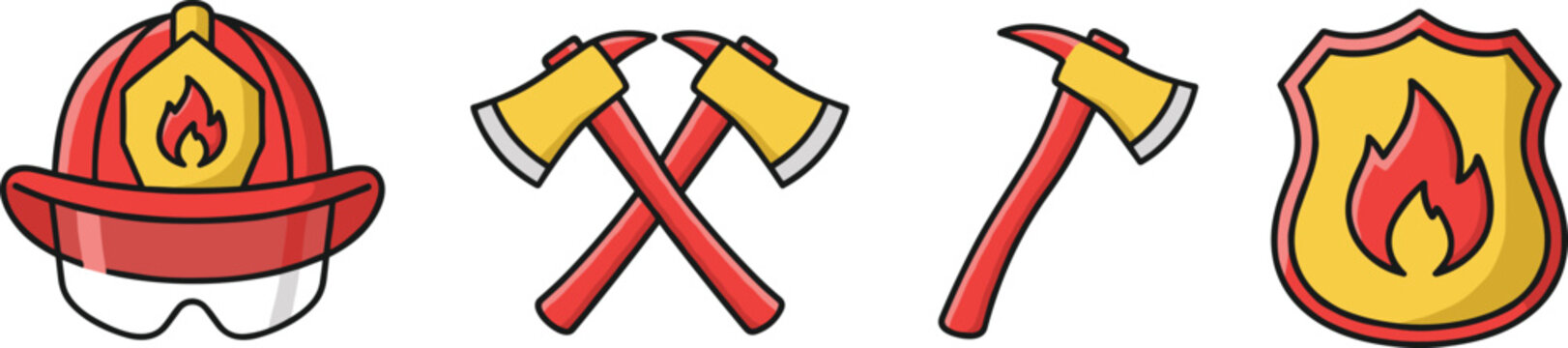 Firefighter Equipment Vector Illustration Set with Red Fire Helmet Crossed Axes Single Fireman Axe and Flame Shield Badge