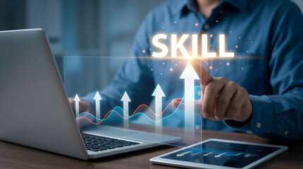 Fototapeta premium Business professional interacting with glowing virtual screen showcasing skill development and impro
