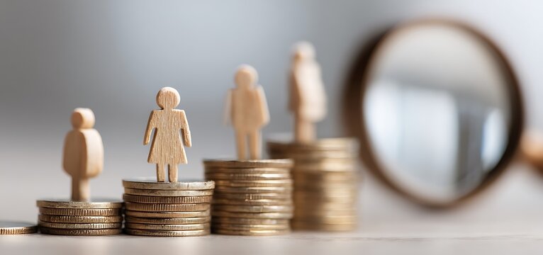 Concept photo illustrating gender pay gap. Figurines stand atop stacks of coins, woman on top, men below. Magnifying glass explores income disparity in business, finance, economics. Equality, wage