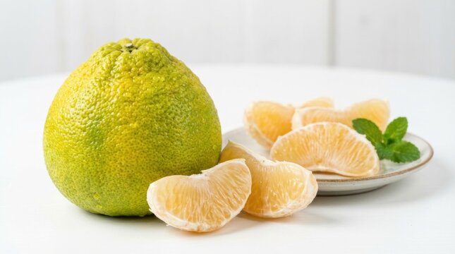 A fresh, whole, bumpy ugli fruit with segmented pieces on a plate, captured on 20260210.