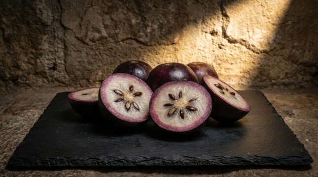 Caimito Star Apple Round Dark Fruit Halved and Whole on Slate Background