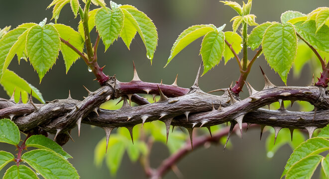 Close up shot of a thick brown vine with sharp thorns and vibrant green leaves covered in small water droplets