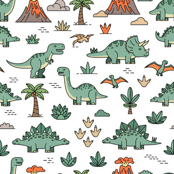 Dinosaur Pattern Cute Cartoon Dinosaurs and Volcanoes Seamless Design.