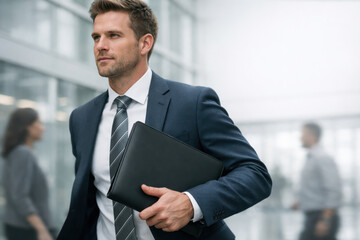 Businessman carrying portfolio walking in office building corporate environment