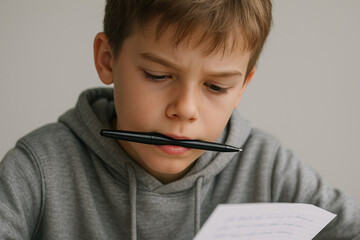 Boy holding pen in mouth reading paper with concentrated expression