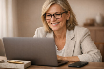 Woman laptop using smiling working modern home office lifestyle