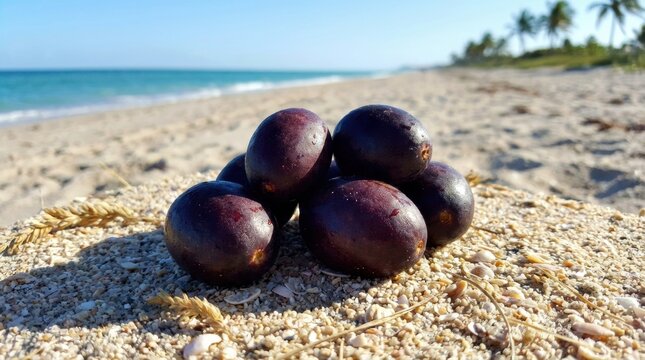 A small oval icaco coco plum fruit cluster on a sandy beach with the ocean background