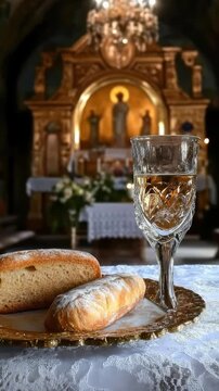 Maundy Thursday communion elements of bread and wine presented before a church altar representing the Last Supper tradition
