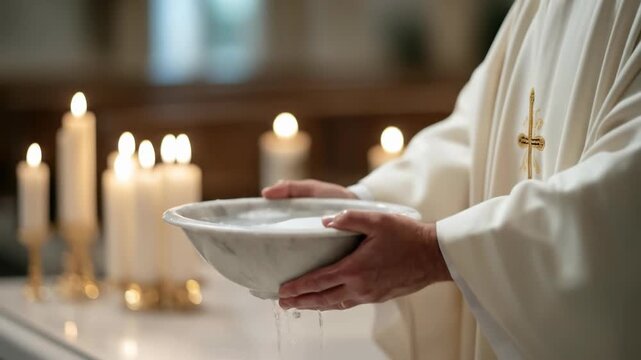 Cleric in ceremonial robes conducts a sacred washing ritual using water, symbolizing humble service for Maundy Thursday, illuminated by glowing spiritual candles