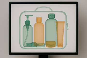 Toiletry bottle set displayed inside transparent bag with minimal design