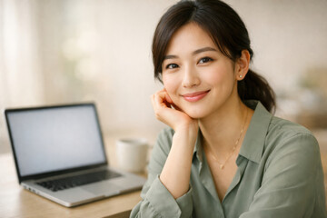 Woman smiling working laptop home office casual natural light
