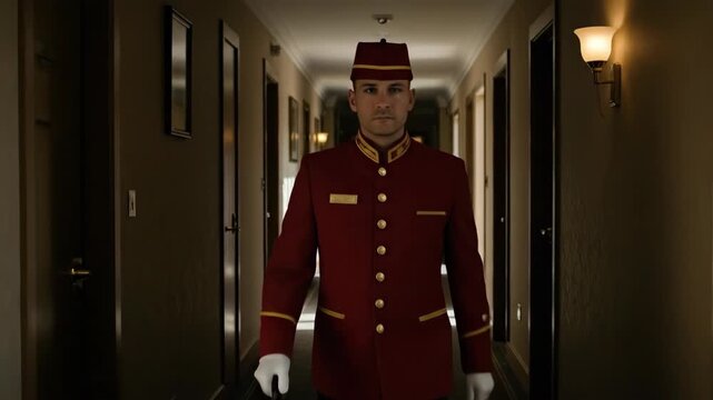 A bellhop walks through a dimly lit hotel hallway, embodying elegance.