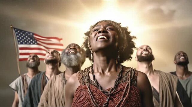 Juneteenth, a profound celebration of emancipation, Black liberation, American heritage, hopeful futures, spiritual freedom, and national unity under a dramatic, inspiring sky