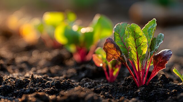 Young Beet Sprouts Growing in Rich Soil Under Golden Sunlight.