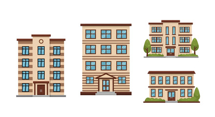 Collection of modern residential apartment buildings and urban houses.