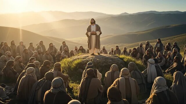 Jesus Christ delivers the Sermon on the Mount to his followers on a grassy hillside during a golden sunrise, representing faith, religion, and spiritual teaching