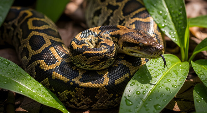 A close up shot of a python resting in nature