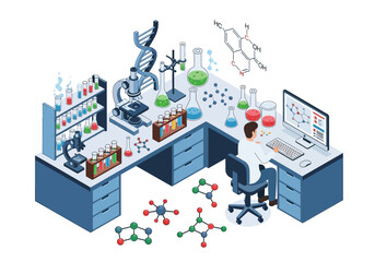 Obraz premium Modern science laboratory with a scientist working on research with molecules and DNA