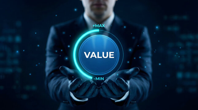 Professional businessman presents glowing digital value display with max min indicator in a dark fut