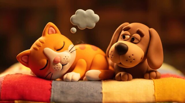 A claymation cat dreams while resting on a patchwork blanket next to a sad dog