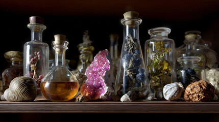Old glass bottle dried herb crystal mysterious vintage shelf apothecary potion