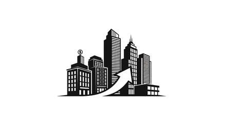 Obraz premium Modern City Buildings with Upward Arrow Symbolizing Business Growth on Isolated White Background