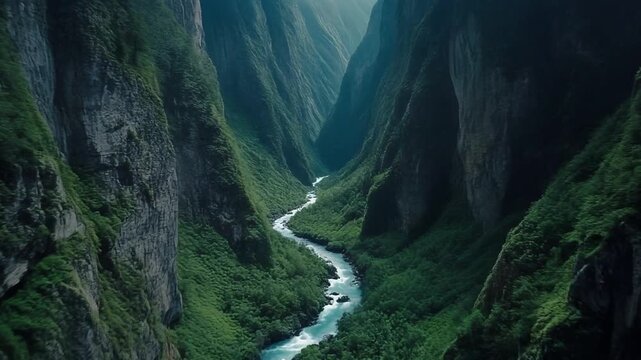 Breathtaking aerial drone footage soaring above a deep, winding river carving its path through a massive, lush green canyon with steep, towering rock walls covered in