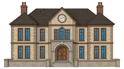 Fototapeta premium cartoon illustration of a large beige stone house with brown roof and clock