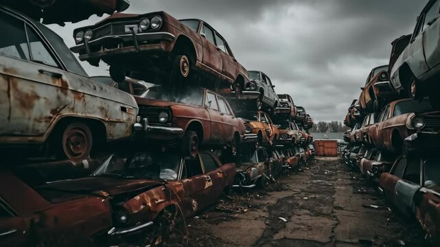 A gloomy junkyard filled with rusted cars stacked high.