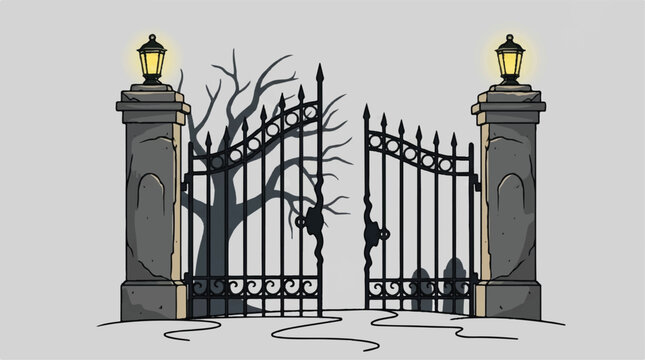 cartoon spooky old gate with lanterns on pillars and bare tree