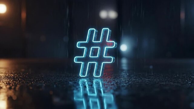 A glowing neon hashtag symbol in a rainy urban setting.