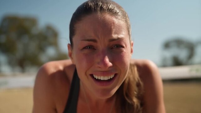 A caucasian female runner's face transforms from extreme strain to tearful victorious ecstasy as she breaks the finish line tape in slow motion, concept of personal triumph, extreme effort and the joy