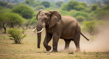 Fototapeta premium Large terrestrial mammal with ivory tusks moves across dry grassy terrain kicking up dust