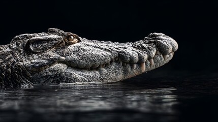 Obraz premium Close up of a fearsome crocodile emerging from dark water.