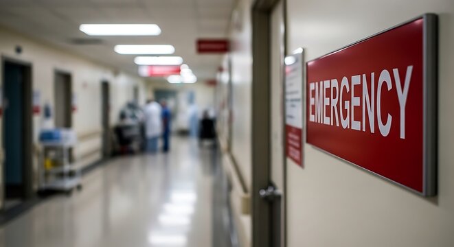Hospital corridor leading to emergency department with medical staff on duty