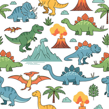 Dinosaur Pattern Prehistoric Creatures and Volcanic Landscape 3.
