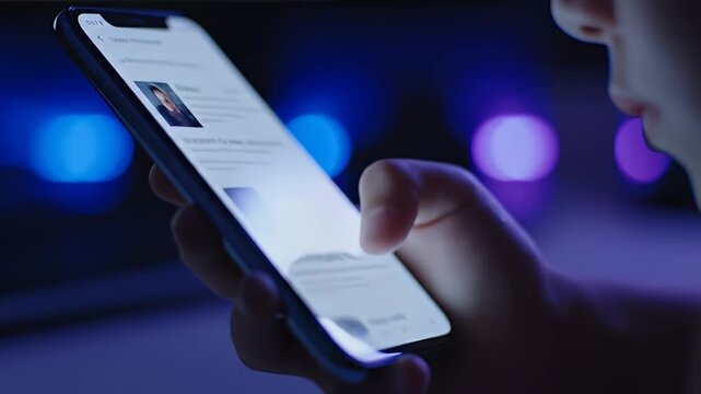 Midnight Overthinking While Scrolling Smartphone in Dim Blue and Purple Light
