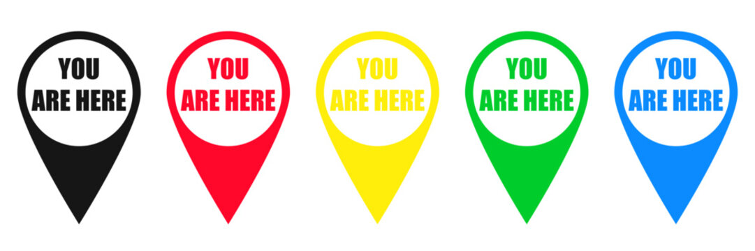 vector black, red, yellow, green, blue maps pin you are here set clipart isolated on transparent background. 
