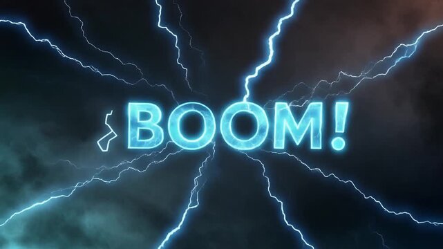 Intense cinematic graphic animation featuring the glowing word BOOM surrounded by powerful blue electrical lightning bolts striking dramatically against a dark, moody,