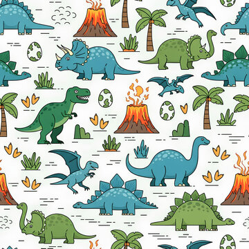 Dinosaur Pattern Prehistoric Creatures and Volcanic Landscape 6.