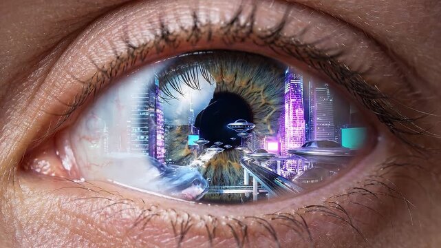 Futuristic Iris Holographic Cityscape Reflection