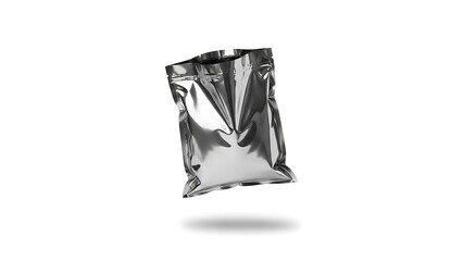 a shiny silver foil pouch floating in the air