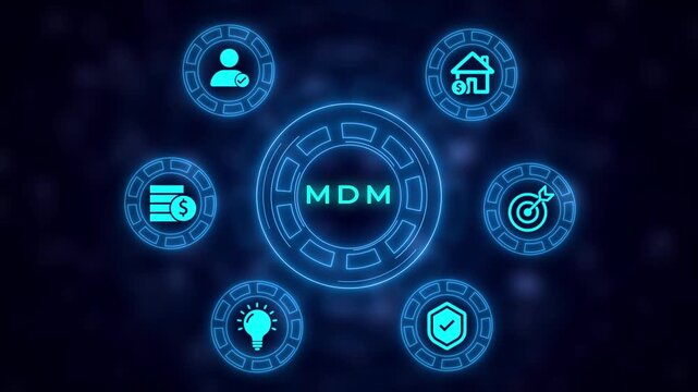 MDM concept with interconnected representing master data management on a dark blurred background with glowing neon blue outlines and bokeh effect