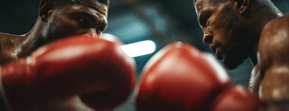 Close-up of two black male boxers facing each other in the ring  