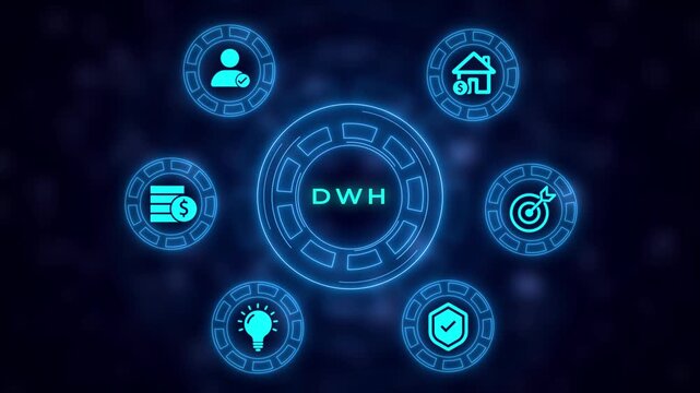 Digital Data Warehouse DWH concept with interconnected for finance, goals, and housing on a dark bokeh background Keywords: data, warehouse, DWH, digital, technology, business, analytics