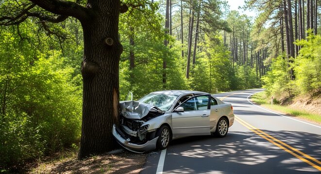 Damaged silver car crashed into tree on roadside  accident