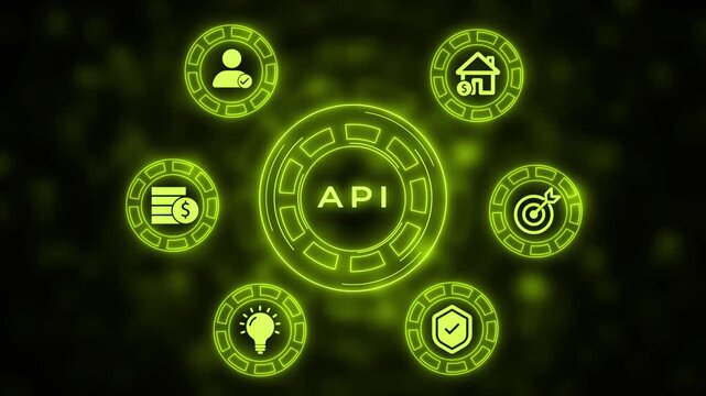 API Application Programming Interface concept with interconnected for finance, goals, and housing in vibrant green neon on a dark bokeh background Keywords: API, application, programming