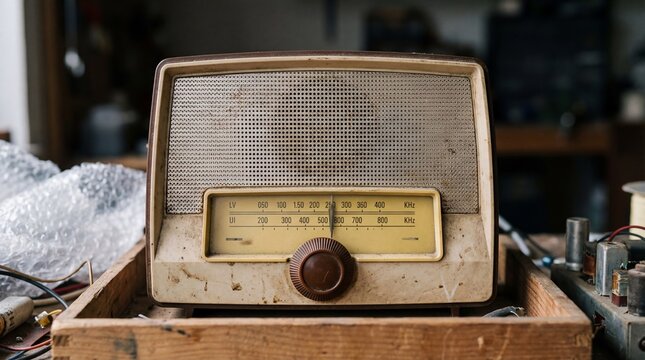 Vintage radio sitting in a wooden box on a cluttered workbench in a workshop