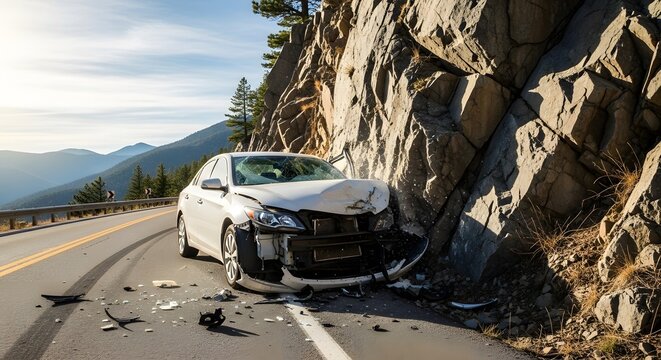 Damaged white car crashed on mountain road side  accident